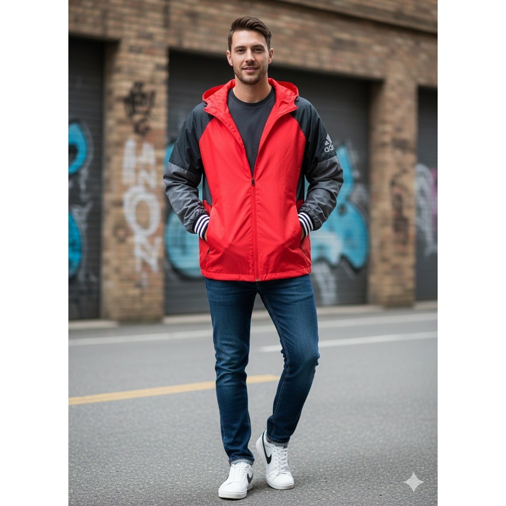 Adidas Colorblock Hooded Windbreaker Jacket Red Black Size Large Track & Field